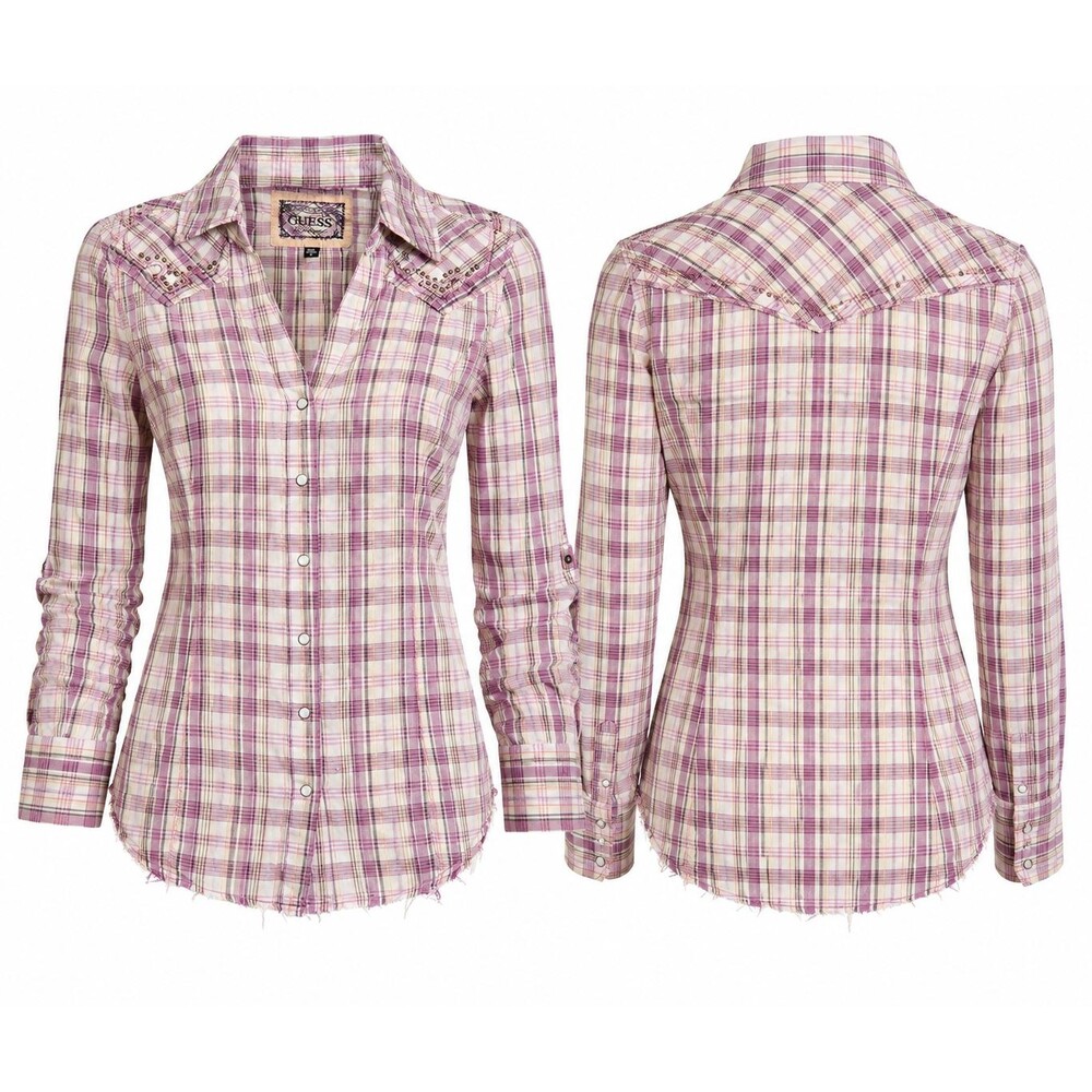GUESS Los Angeles Plaid Western Shirt Women's M Pink Studded Snap Button Raw Hem